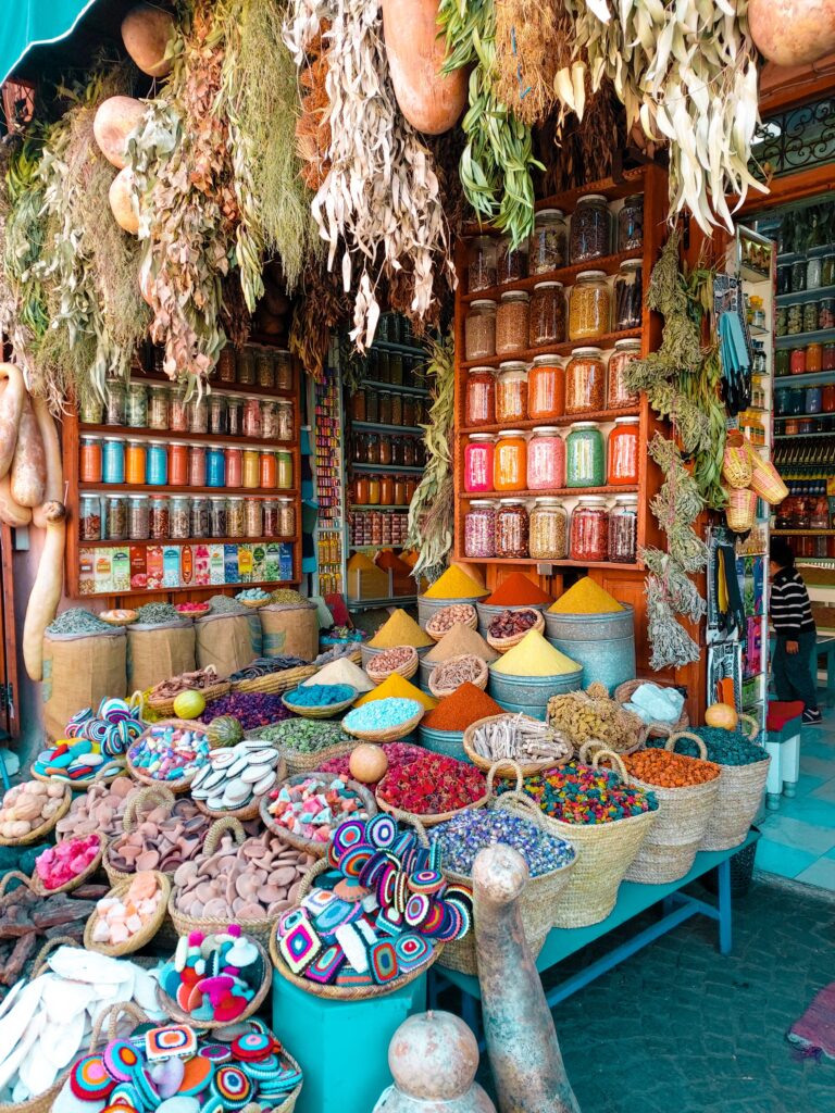 Market in marrakesh with spices 