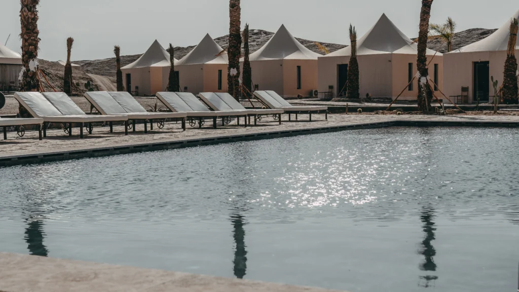 Swimming pool with desert views at The White Camel Agafay