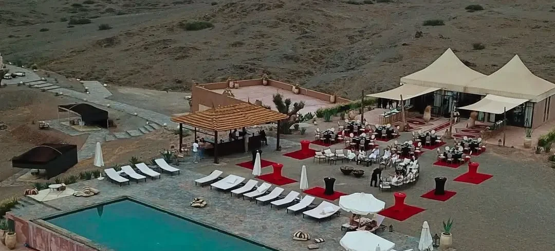 Luxury camp with Swimming pool under the clear skies in Desert Agafay